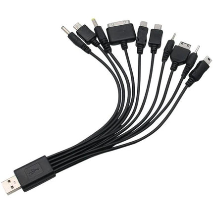 Handy USB Cable for Multiple Devices in Daily Life shown with one USB-A plug and multiple legacy and modern connectors for charging phones, iPod, Nokia, car and wall adapters