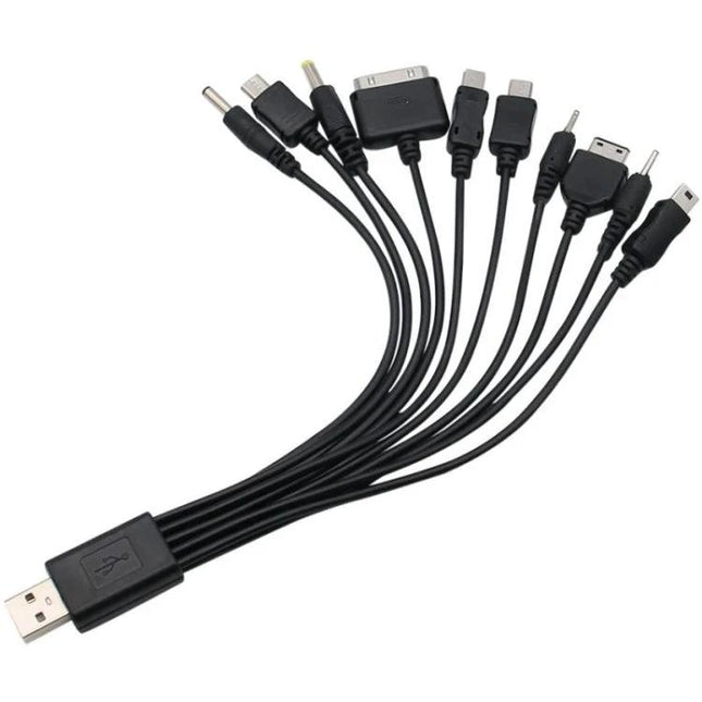 Handy USB Cable for Multiple Devices in Daily Life shown with one USB-A plug and multiple legacy and modern connectors for charging phones, iPod, Nokia, car and wall adapters
