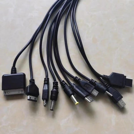Handy USB Cable for Multiple Devices in Daily Life showing assorted connectors (USB, micro-USB, mini-USB, proprietary) for charging phones and gadgets