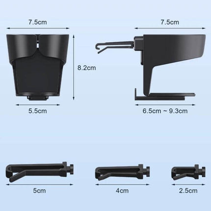 Car Air Conditioner Outlet Cup Holder Ashtray With Adjustable Clamp showing dimensions and adjustable clamp positions, black ABS cup holder with sponge pad