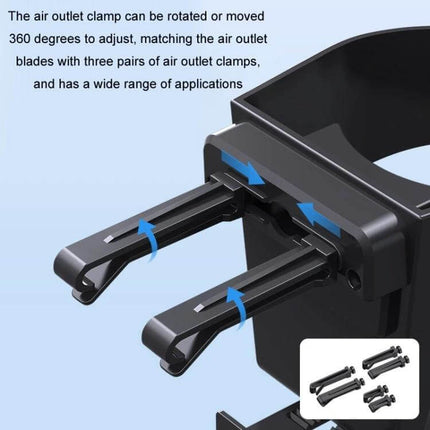 Car Air Conditioner Outlet Cup Holder Ashtray With Adjustable Clamp showing 360° rotatable air outlet clamp and adjustable ABS sponge-padded holder