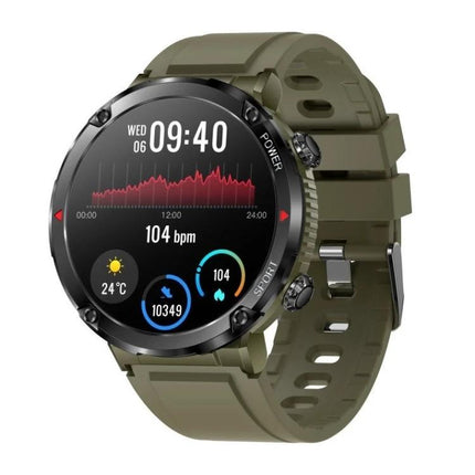 Sturdy Watch for Daily Adventures and Outdoor Activities — olive green rugged smartwatch showing heart rate, steps, calories and weather