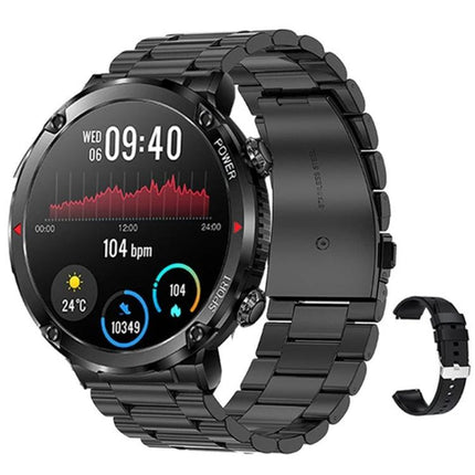 Sturdy Watch for Daily Adventures and Outdoor Activities showing heart rate, step count, weather icons and metal band in black