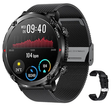 Sturdy Watch for Daily Adventures and Outdoor Activities with heart rate, step tracking, weather icons and black metal mesh band