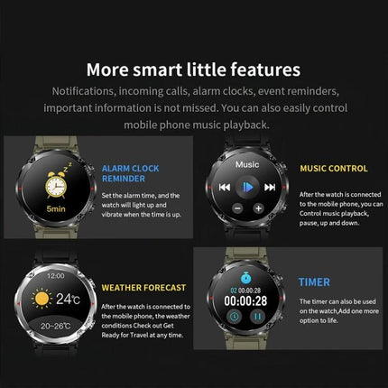 Sturdy Watch for Daily Adventures and Outdoor Activities showing alarm, music control, weather forecast and timer features