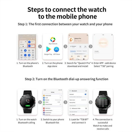 Sturdy Watch for Daily Adventures and Outdoor Activities showing steps to connect watch to phone, Bluetooth setup, app install, pairing and call function