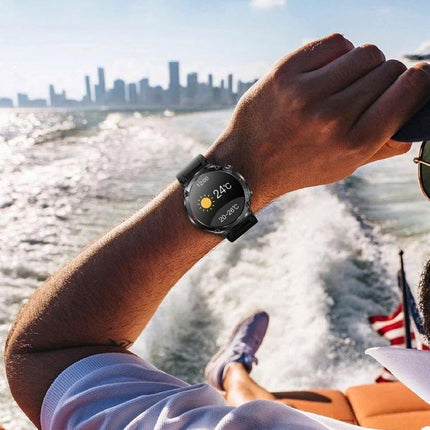 Sturdy Watch for Daily Adventures and Outdoor Activities showing weather, heart rate, and activity tracking on a wrist during a boat ride