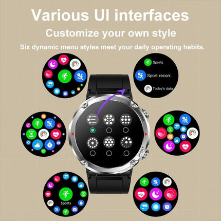 Sturdy Watch for Daily Adventures and Outdoor Activities displaying multiple customizable UI interfaces and activity tracking screens