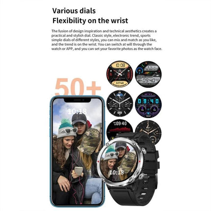 Sturdy Watch for Daily Adventures and Outdoor Activities showing multiple watch faces, smartphone pairing, activity tracking and heart rate display