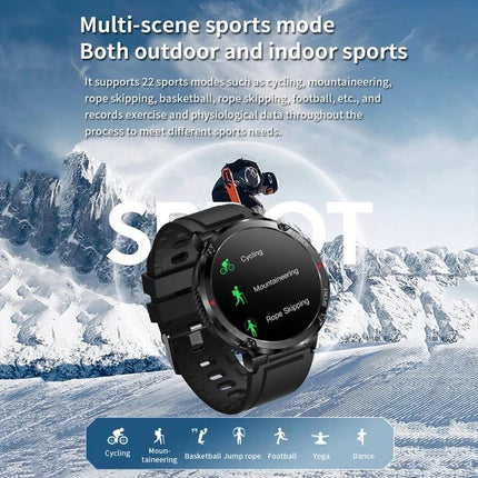 Sturdy Watch for Daily Adventures and Outdoor Activities - rugged sports smartwatch showing cycling, mountaineering, rope skipping modes on snowy mountain backdrop