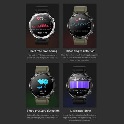 Sturdy Watch for Daily Adventures and Outdoor Activities showing heart rate, blood oxygen, blood pressure and sleep monitoring on round smartwatch display
