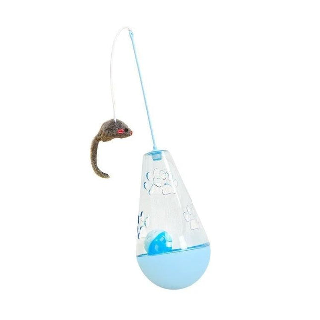 A Fun Interactive Toy for Keeping Cats Active at Home Daily - blue wobble feeder with dangling plush mouse for solo play