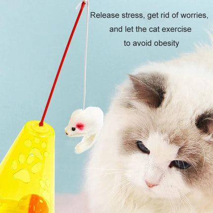 A Fun Interactive Toy for Keeping Cats Active at Home Daily - white cat batting at hanging mouse toy with yellow base