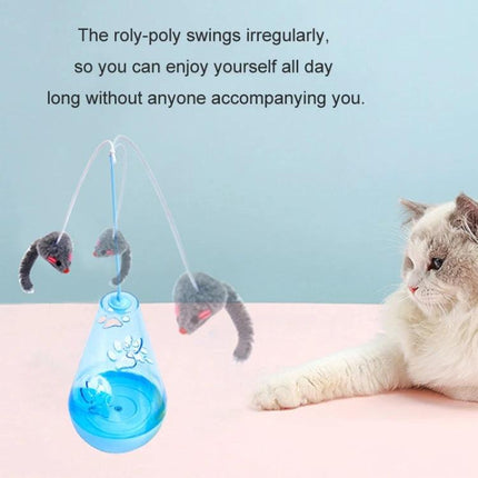A Fun Interactive Toy for Keeping Cats Active at Home Daily - blue roly-poly toy with swinging plush mice and a relaxed cat