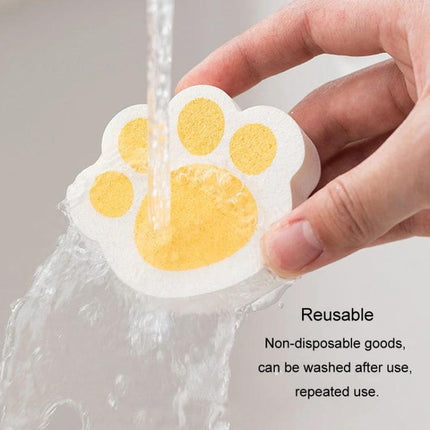 Sponge for Daily Bathroom Mirror and Faucet Cleaning - compact reusable paw-shaped sponge rinsed under water for quick mirror and faucet touch-ups