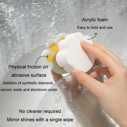 Sponge for Daily Bathroom Mirror and Faucet Cleaning being used to wipe water spots and soap scum from a mirror with no cleaner required