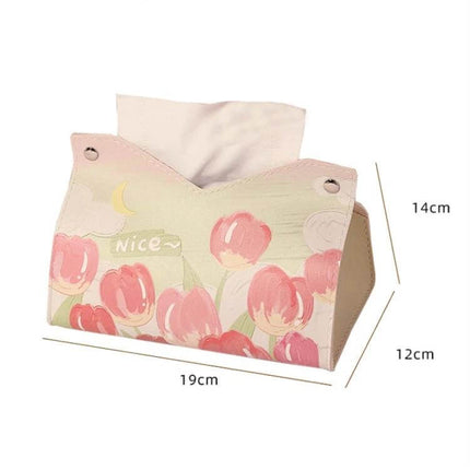 Oil Printed Leather Tissue Box Pink Rose Living Room Decor - pink rose PVC leather tissue box with pull-out design, snap closure for coffee table or nightstand