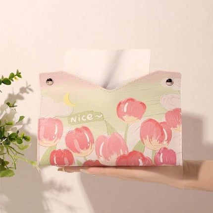Oil Printed Leather Tissue Box Pink Rose Living Room Decor - pink rose PVC leather tissue box with pull-out design and snap button closure