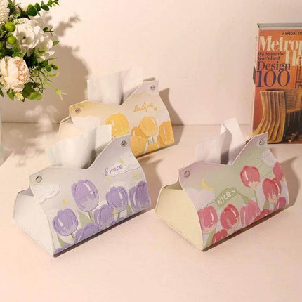 Oil Printed Leather Tissue Box Pink Rose Living Room Decor - pink rose oil printed PVC leather tissue box with snap closure for coffee table