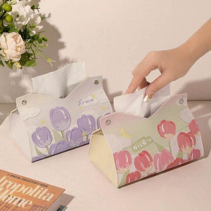 Oil Printed Leather Tissue Box Pink Rose Living Room Decor - pink rose PVC leather tissue box with pull-out design and snap closure