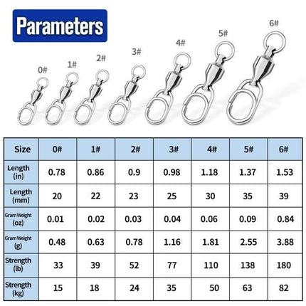 Lure Swivel With Ball Bearing, Assorted 22mm 23mm 25mm 30mm 35mm - size chart and dimensions for fishing swivels
