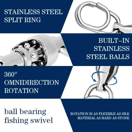 Lure Swivel With Ball Bearing, Assorted 22mm 23mm 25mm 30mm 35mm - stainless steel ball bearing fishing swivel showing split ring and 360° rotation