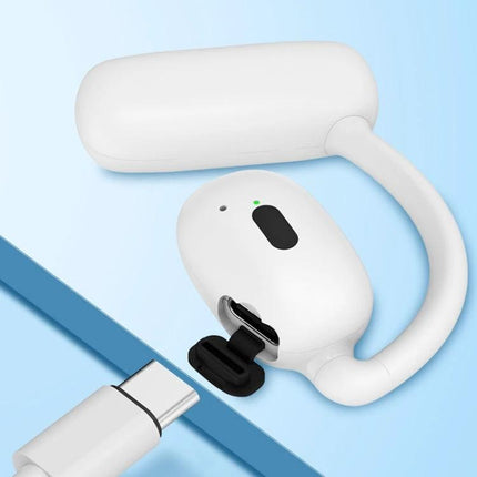 Hanging On Ear Wireless Earbuds Open Fit For Commuting white V21 earhook with USB-C charging on blue background