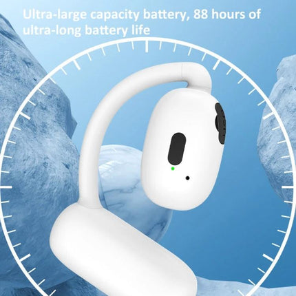 Hanging On Ear Wireless Earbuds Open Fit For Commuting shown in white with rotatable hanging-ear design and long battery life