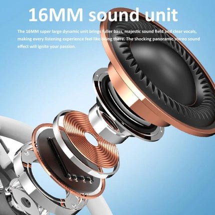 Hanging On Ear Wireless Earbuds Open Fit For Commuting showing exploded 16MM sound unit components and copper drivers