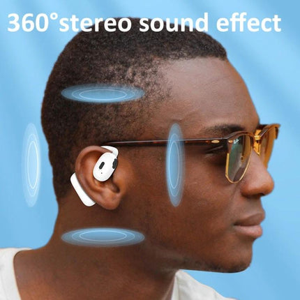 Hanging On Ear Wireless Earbuds Open Fit For Commuting shown in white on commuter wearing glasses, ambient awareness highlighted