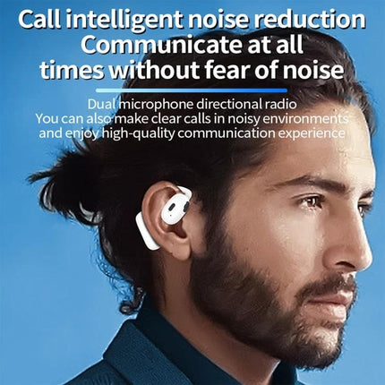 Hanging On Ear Wireless Earbuds Open Fit For Commuting shown in white on commuter with rotatable hanging-ear design and noise reduction