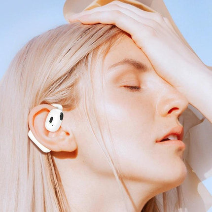 Hanging On Ear Wireless Earbuds Open Fit For Commuting showing white V21 on-ear design in outdoor use