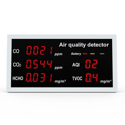 5-in-1 Portable Air Quality Monitor for Indoor and Vehicle Use digital display showing CO CO2 HCHO AQI and TVOC readings