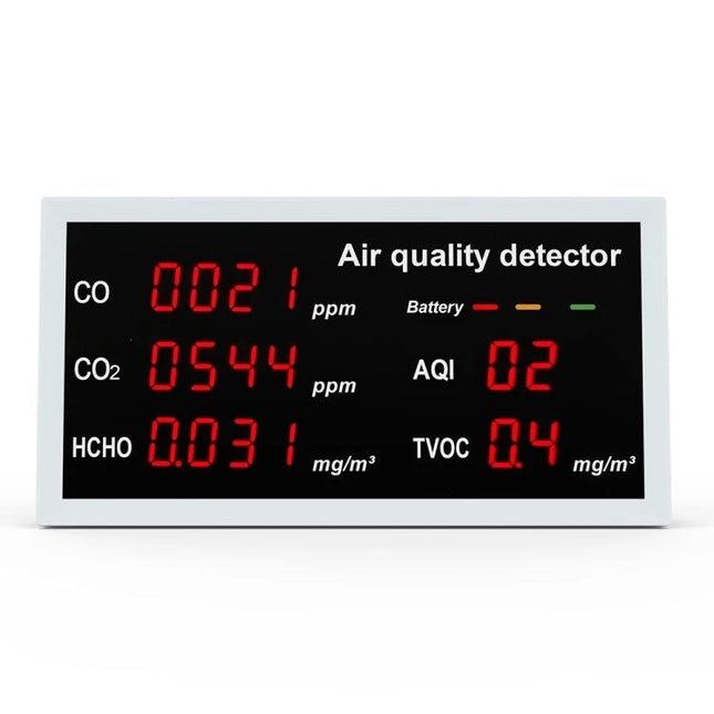 5-in-1 Portable Air Quality Monitor for Indoor and Vehicle Use digital display showing CO CO2 HCHO AQI and TVOC readings
