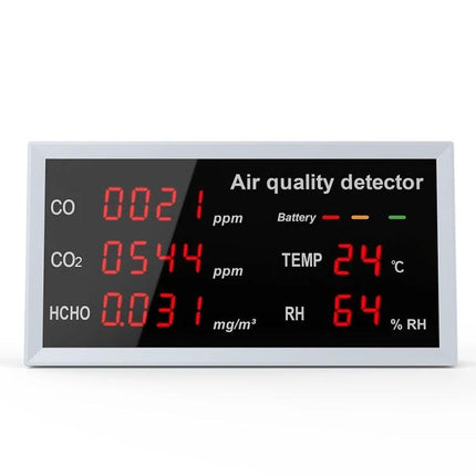 5-in-1 Portable Air Quality Monitor for Indoor and Vehicle Use digital display showing CO CO2 HCHO levels, temp 24°C and RH 64%