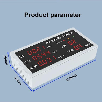 5-in-1 Portable Air Quality Monitor for Indoor and Vehicle Use compact detector showing CO CO2 HCHO TVOC readings and dimensions for home and car use
