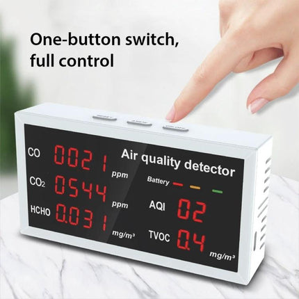 5-in-1 Portable Air Quality Monitor for Indoor and Vehicle Use compact detector showing CO CO2 HCHO TVOC readings and one-button control
