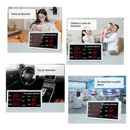 5-in-1 Portable Air Quality Monitor for Indoor and Vehicle Use showing home, children's room, car and public place air detection screens