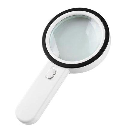 Handheld Magnifying Glass with Built-in Lights for Reading shown at angle with white handle and LED light button