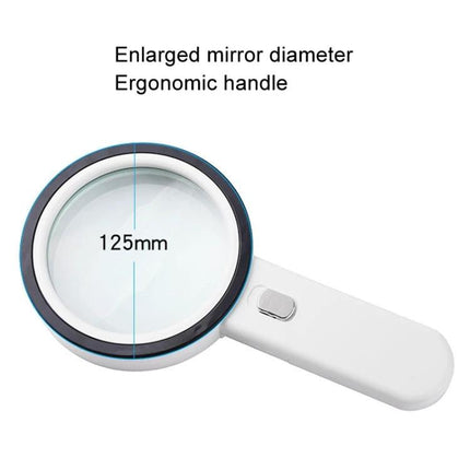Handheld Magnifying Glass with Built-in Lights for Reading showing 125mm enlarged lens, ergonomic handle and LED light button