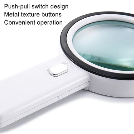 Handheld Magnifying Glass with Built-in Lights for Reading showing 30x lens, LED lights and push-pull metal switch for reading and inspection