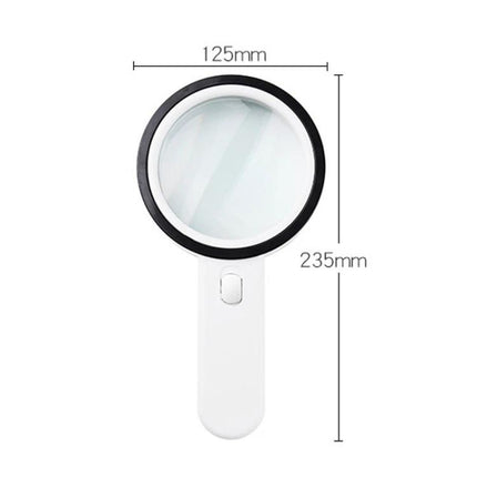 Handheld Magnifying Glass with Built-in Lights for Reading showing 30x lens, LED light button, 125mm head and 235mm length