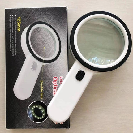 Handheld Magnifying Glass with Built-in Lights for Reading showing white magnifier with LED ring and packaging
