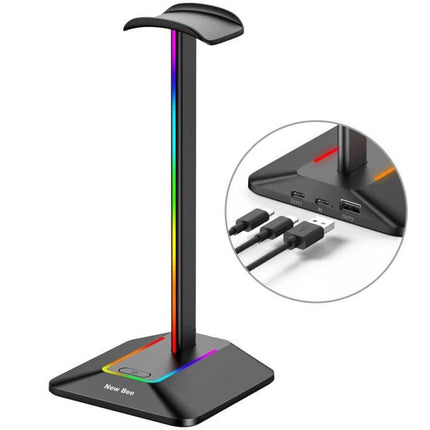 Headphone Holder With Built In USB Ports For Desk Organizer with padded stand RGB lighting and three USB ports for charging