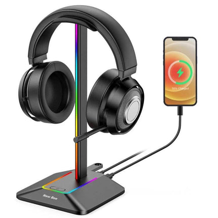 Headphone Holder With Built In USB Ports For Desk Organizer holding headphones and charging a phone