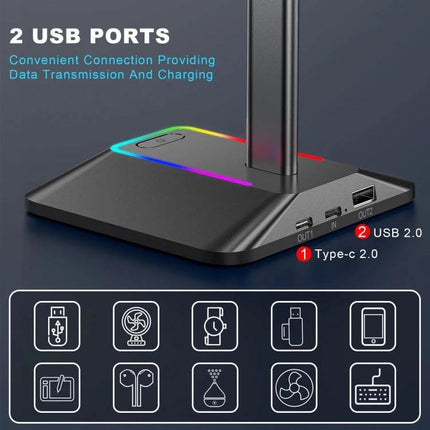 Headphone Holder With Built In USB Ports For Desk Organizer showing base with 2 USB ports and Type-C charging