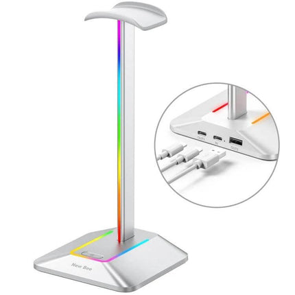 Headphone Holder With Built In USB Ports For Desk Organizer with RGB lighting and three USB charging ports