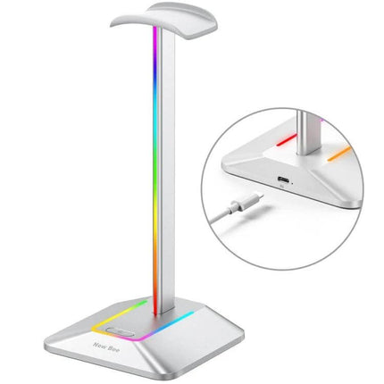 Headphone Holder With Built In USB Ports For Desk Organizer showing white stand with RGB light strip and USB charging port