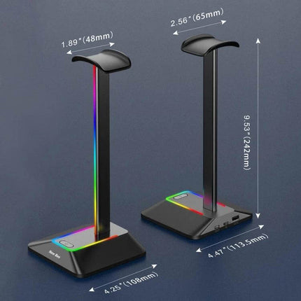 Headphone Holder With Built In USB Ports For Desk Organizer with RGB base, padded hook, compact footprint, mounting beside monitor