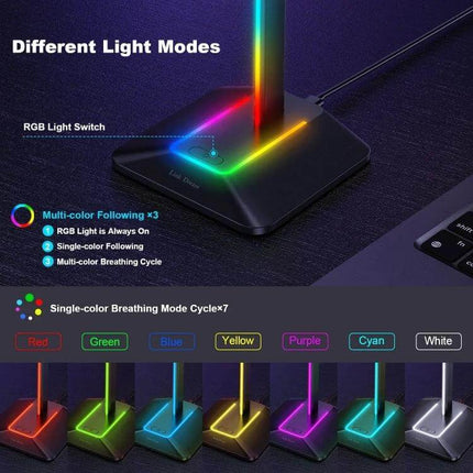 Headphone Holder With Built In USB Ports For Desk Organizer with RGB LED base and multi-color lighting modes